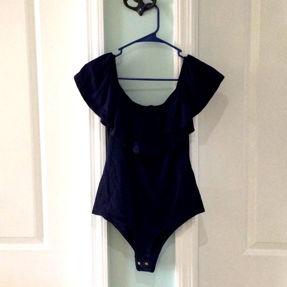 J. Crew Ruffled Bodysuit Large Navy Blue